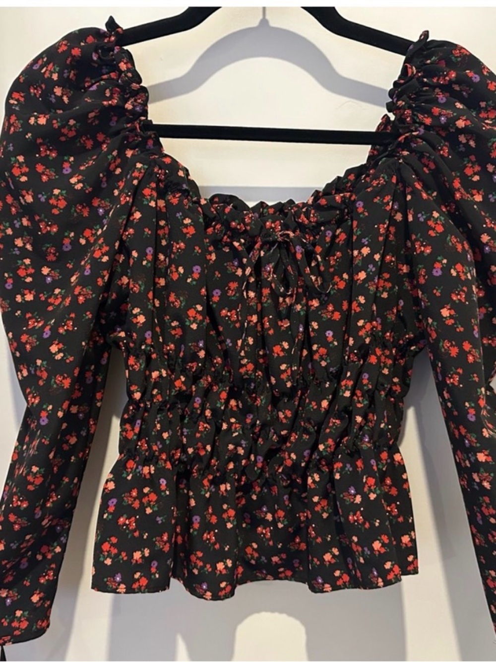 Topshop Black Floral Puff-Sleeve Blouse - US 4